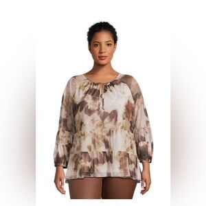 Terra & Sky 1X long sleeve smocked mesh top brown NWT